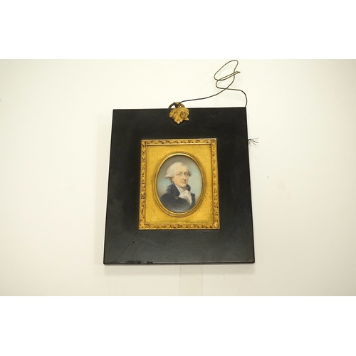 1791 - A George III portrait miniature on ivory of a gentleman wearing a frock coat, housed in an ebonised ... 