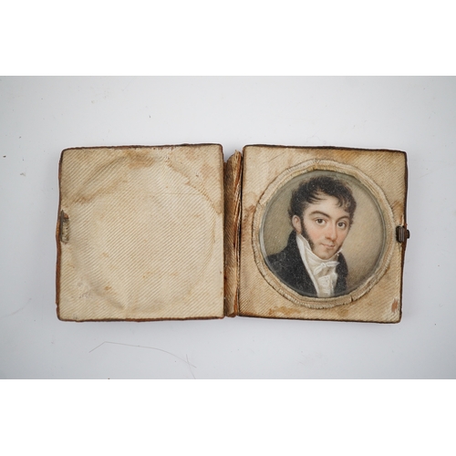 1801A - A mid 19th century French portrait miniature of a gentleman on ivory, in leather case inscribed 'Sou... 