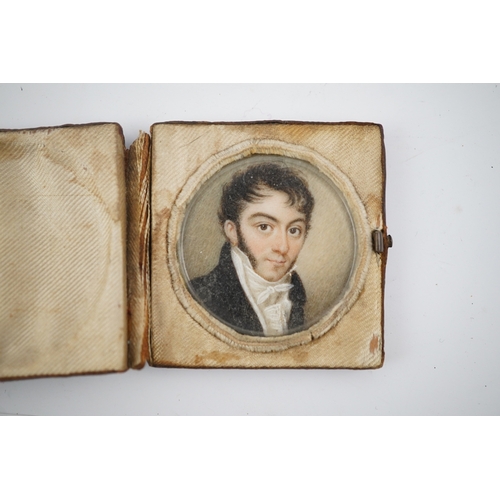 1801A - A mid 19th century French portrait miniature of a gentleman on ivory, in leather case inscribed 'Sou... 