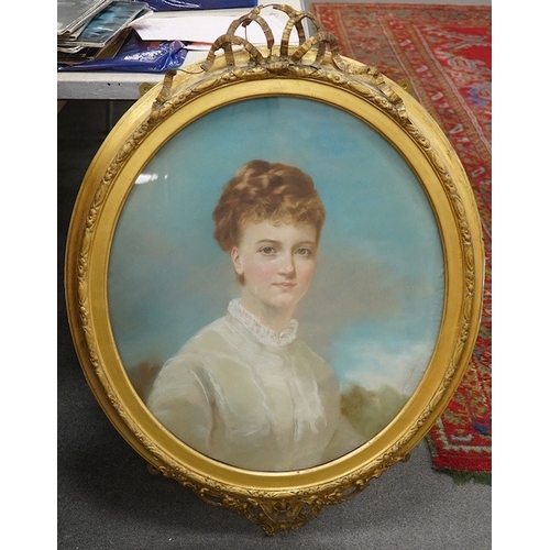 1801 - Early 20th century English School, oval pastel, Portrait of a young woman, 61 x 56cm, housed in gilt... 