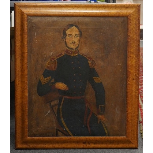 1802 - David Lee, naive oil on canvas, Portrait of a soldier wearing military dress, 61 x 50cm, signed and ... 