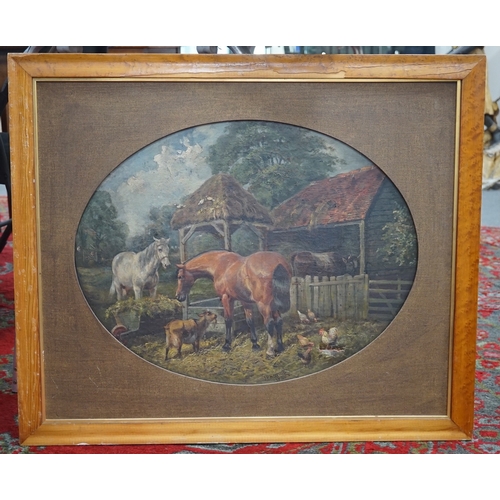 1808 - After J. F. Herring (1815-1907), tondo oil on canvas, farmyard scene, 47cm in diameter, maple framed... 