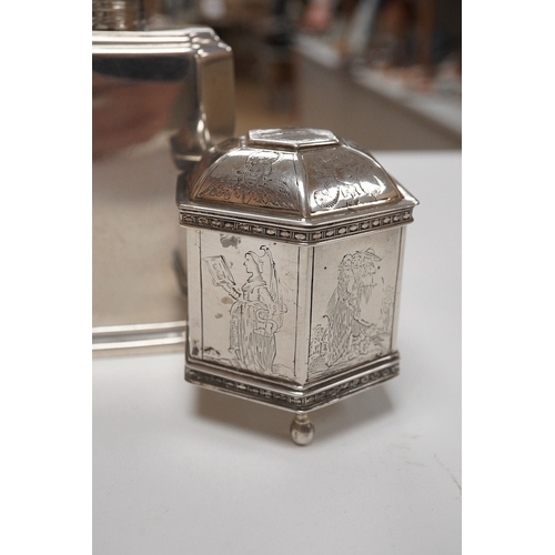 1825 - A late Victorian silver octagonal tea caddy, by Thomas Bradbury & Sons, London, 1895, 12.8cm and a D... 