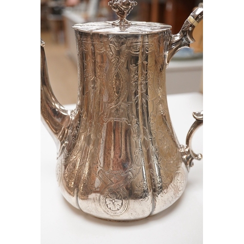 1834 - A Victorian engraved silver teapot and matching coffee pot, by George Ivory, London, 1857, gross wei... 