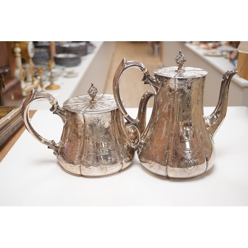 1834 - A Victorian engraved silver teapot and matching coffee pot, by George Ivory, London, 1857, gross wei... 