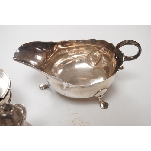 1835 - A George II provincial silver sauceboat, John Langlands I, Newcastle, 1751, a.f. and five assorted s... 