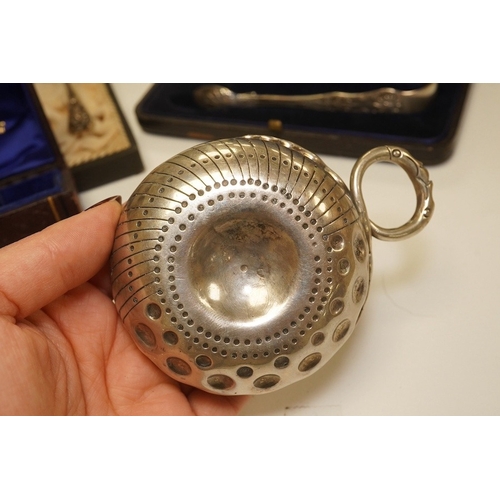 1836 - A French 800 standard white metal taste vin, 11cm, together with a George III silver toddy ladle, Lo... 