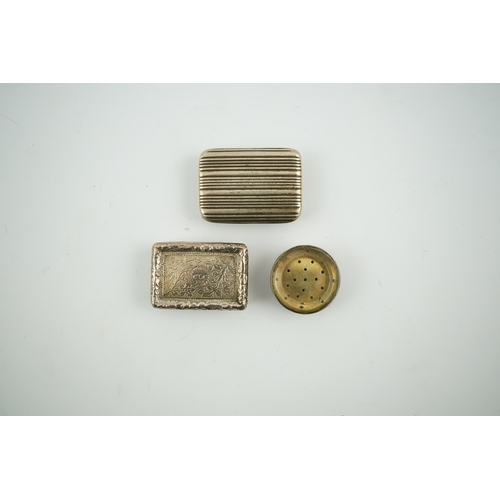 1839 - A William IV silver rectangular vinaigrette, William Stroud, Birmingham, 1833, 30mm and two other vi... 