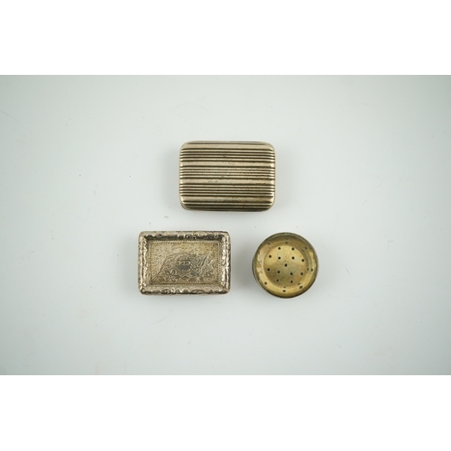 1839 - A William IV silver rectangular vinaigrette, William Stroud, Birmingham, 1833, 30mm and two other vi... 