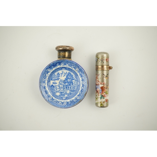 1841 - A Victorian white metal and enamel cylindrical scent bottle, 48mm (a.f.) and a late Victorian silver... 