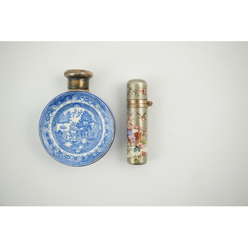 1841 - A Victorian white metal and enamel cylindrical scent bottle, 48mm (a.f.) and a late Victorian silver... 