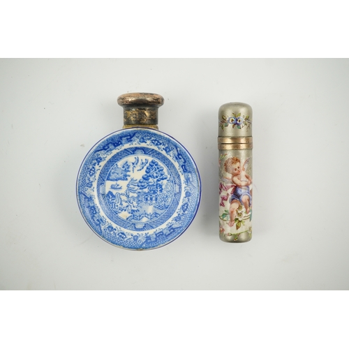 1841 - A Victorian white metal and enamel cylindrical scent bottle, 48mm (a.f.) and a late Victorian silver... 