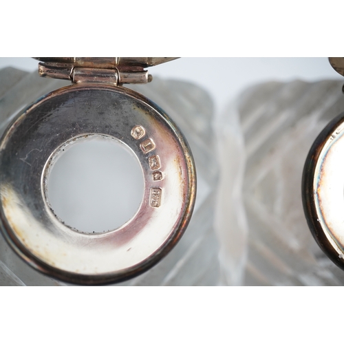 1842 - A pair of silver mounted cut glass inkwells, maker JT, height 66mm. Condition - fair to good