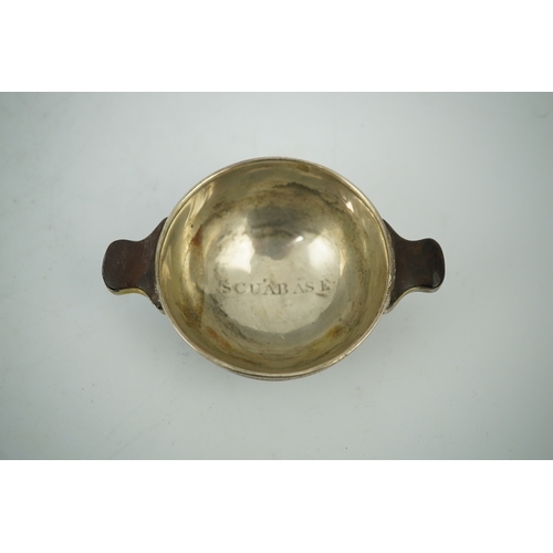 1843 - An early 19th century silver mounted yew wood quaich, inscribed 'Scuab As E' to the bowl and 'To Cha... 