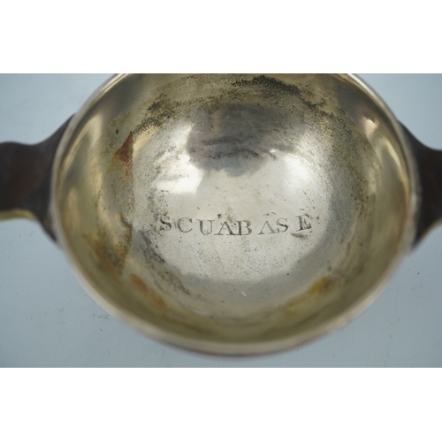 1843 - An early 19th century silver mounted yew wood quaich, inscribed 'Scuab As E' to the bowl and 'To Cha... 