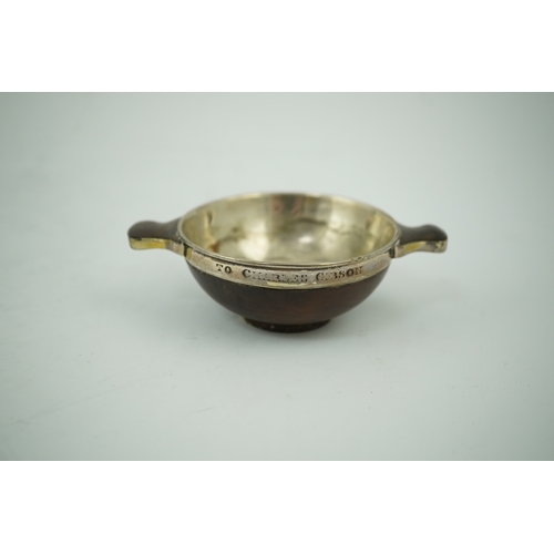 1843 - An early 19th century silver mounted yew wood quaich, inscribed 'Scuab As E' to the bowl and 'To Cha... 