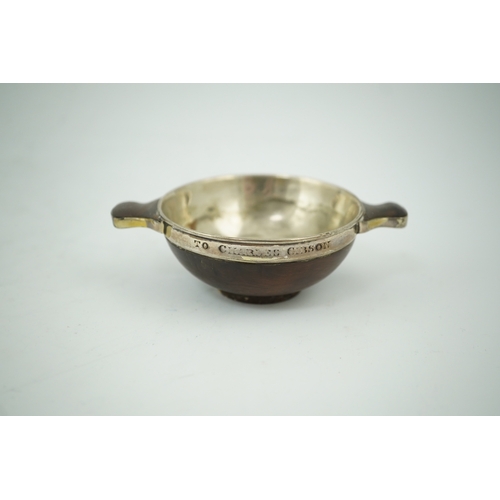 1843 - An early 19th century silver mounted yew wood quaich, inscribed 'Scuab As E' to the bowl and 'To Cha... 