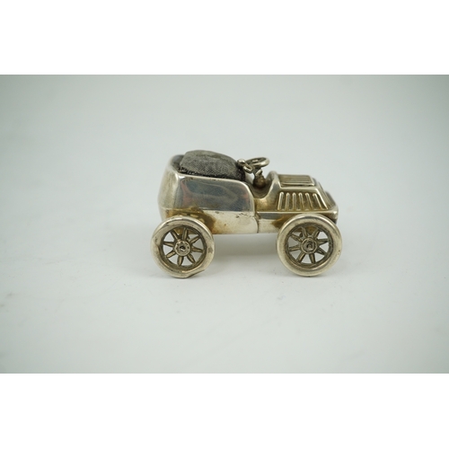 1847 - An Edwardian novelty silver mounted pin cushion modelled as a vintage car, makers mark rubbed, Birmi... 