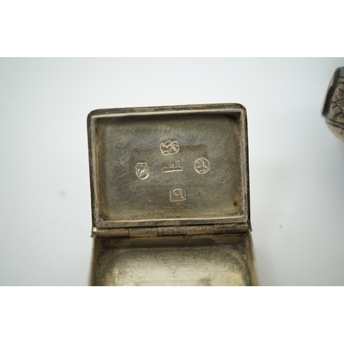 1852 - A 17th century style miniature silver snuff box, 40mm, a  miniature 'book' box and a token/counter b... 