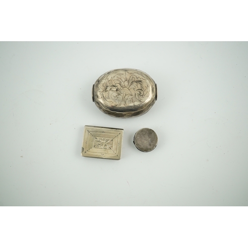 1852 - A 17th century style miniature silver snuff box, 40mm, a  miniature 'book' box and a token/counter b... 