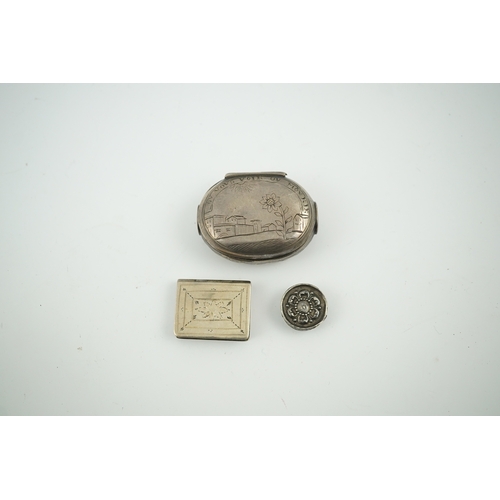 1852 - A 17th century style miniature silver snuff box, 40mm, a  miniature 'book' box and a token/counter b... 