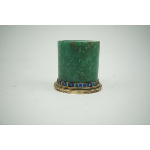 1853 - A gilt white metal and enamel mounted nephrite small vase, stamped 'silver', height 44mm. Condition ... 