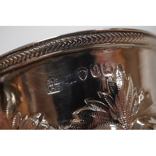 1858 - A cased William IV embossed silver pedestal christening mug, with engraved monogram, by Pearce & Bur... 