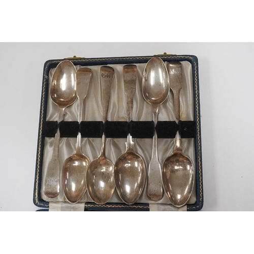 1860 - A cased harlequin set of six 19th century silver teaspoons, various dates, patterns and makers, 3.8o... 