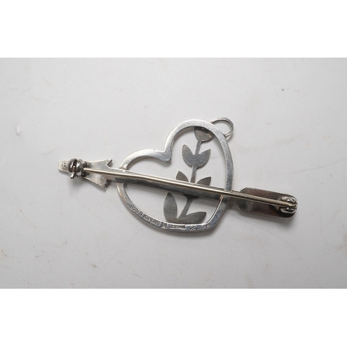 1900 - A Georg Jensen sterling heart, arrow and frond brooch, design no. 242H, 52mm. Condition - fair to go... 