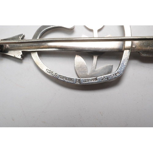 1900 - A Georg Jensen sterling heart, arrow and frond brooch, design no. 242H, 52mm. Condition - fair to go... 