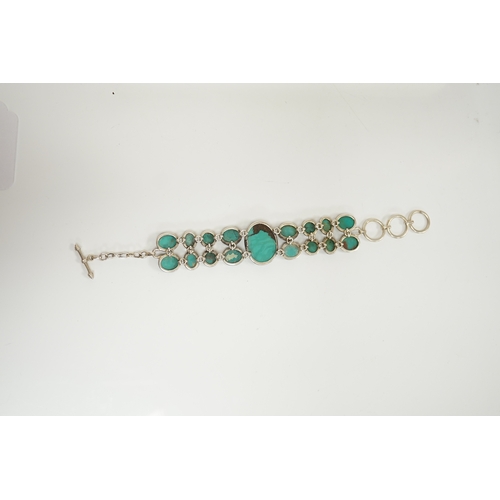 1913 - A modern silver and two row turquoise cluster set bracelet, overall 22cm. Condition - good