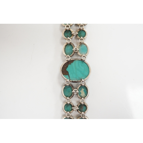 1913 - A modern silver and two row turquoise cluster set bracelet, overall 22cm. Condition - good