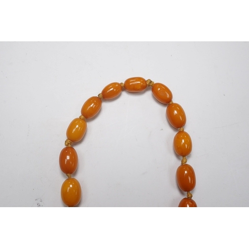 1914 - A single strand graduated oval amber bead necklace, 62cm, gross weight 34 grams. Condition - poor to... 