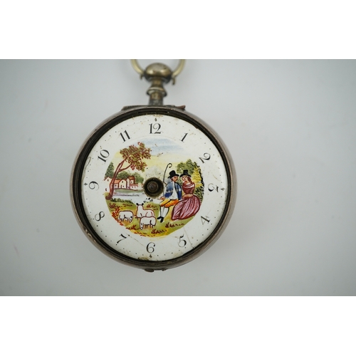 1920 - A George III silver verge key wind pocket watch, by Smith of Dublin, with painted dial, case diamete... 