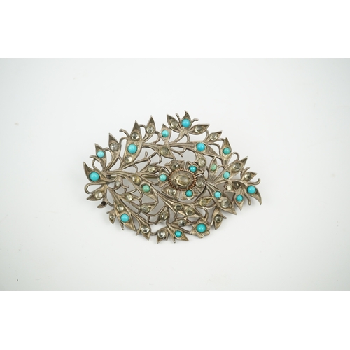 1923 - An Indian yellow and white metal, turquoise and simulated diamond set leaf brooch, 60mm. Condition -... 