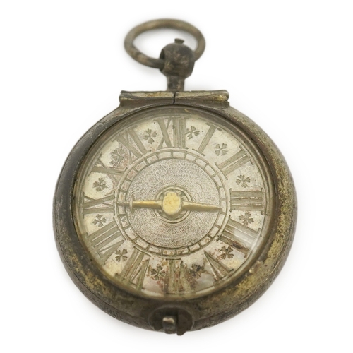 1 - A 17th century style silver pill/poison box modelled as a single hand pocket watch, the case back en... 