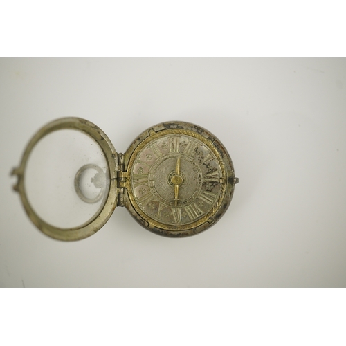 1 - A 17th century style silver pill/poison box modelled as a single hand pocket watch, the case back en... 