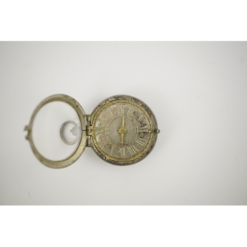 1 - A 17th century style silver pill/poison box modelled as a single hand pocket watch, the case back en... 