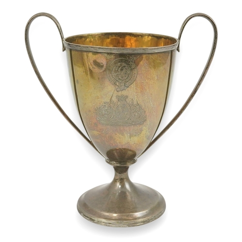 10 - A George III silver two handled pedestal cup, by John Emes, of vase form, with engraved armorial and... 