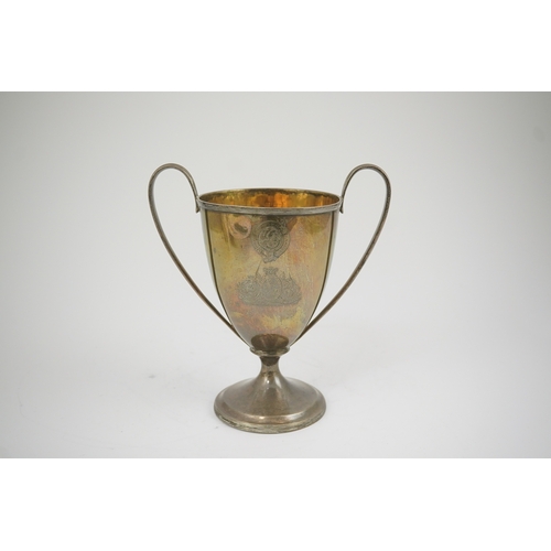 10 - A George III silver two handled pedestal cup, by John Emes, of vase form, with engraved armorial and... 