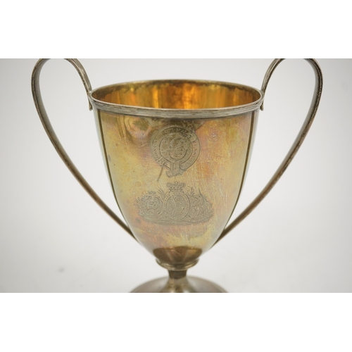 10 - A George III silver two handled pedestal cup, by John Emes, of vase form, with engraved armorial and... 