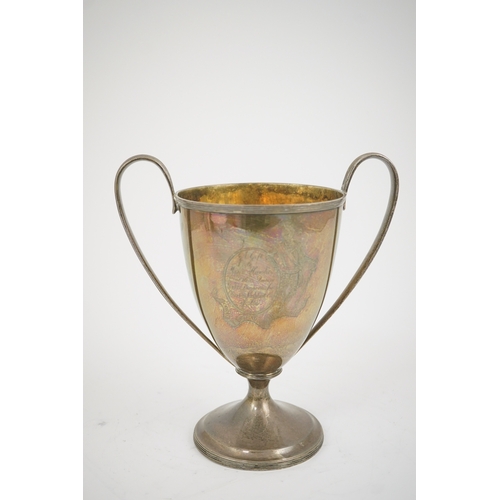 10 - A George III silver two handled pedestal cup, by John Emes, of vase form, with engraved armorial and... 