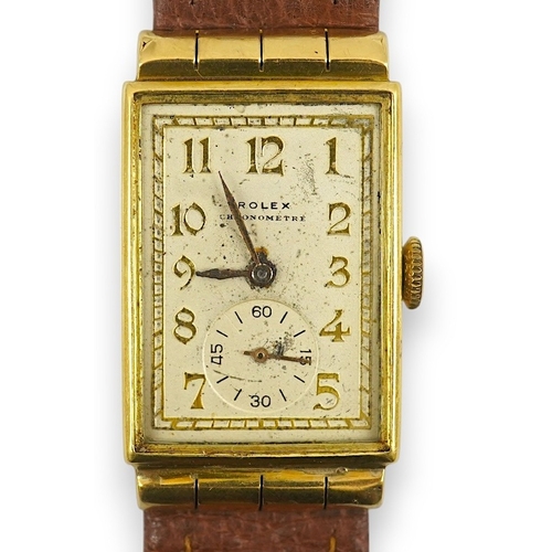 108 - A gentleman's 1930's 18ct gold Rolex Chronometre manual wind wrist watch, with rectangular Arabic di... 