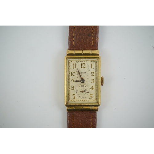 108 - A gentleman's 1930's 18ct gold Rolex Chronometre manual wind wrist watch, with rectangular Arabic di... 