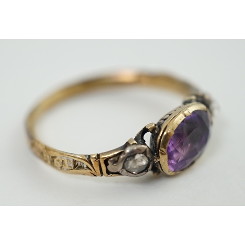 113 - A George III gold, single stone foil backed amethyst and two stone rose cut diamond set  memorial ri... 