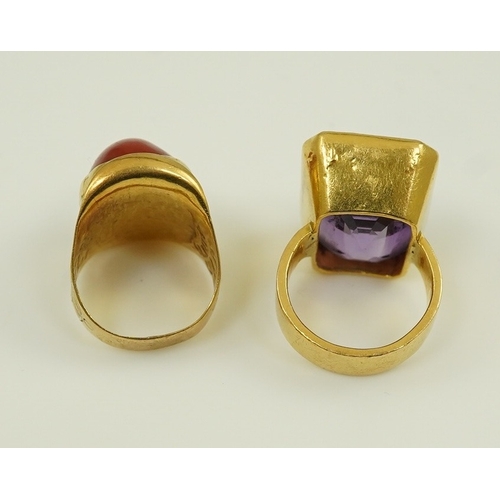 120 - Two antique continental gold rings, one set with emerald cut amethyst measuring approximately 21.2cm... 