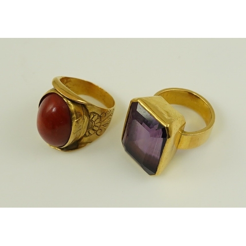 120 - Two antique continental gold rings, one set with emerald cut amethyst measuring approximately 21.2cm... 