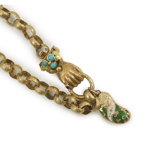 123 - An early 19th century gold circular link muff chain, with gem set hand clasp, and hung with a late 9... 