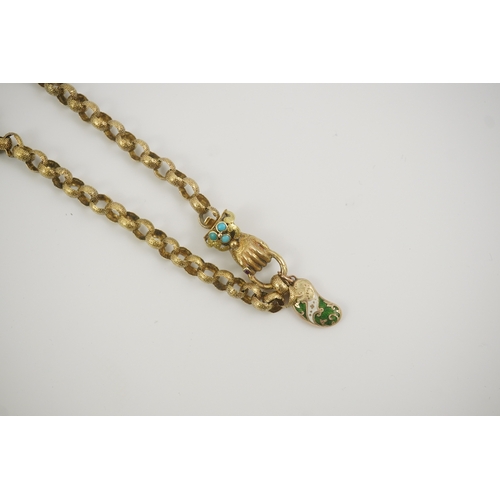 123 - An early 19th century gold circular link muff chain, with gem set hand clasp, and hung with a late 9... 