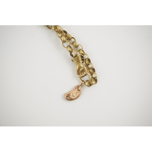 123 - An early 19th century gold circular link muff chain, with gem set hand clasp, and hung with a late 9... 